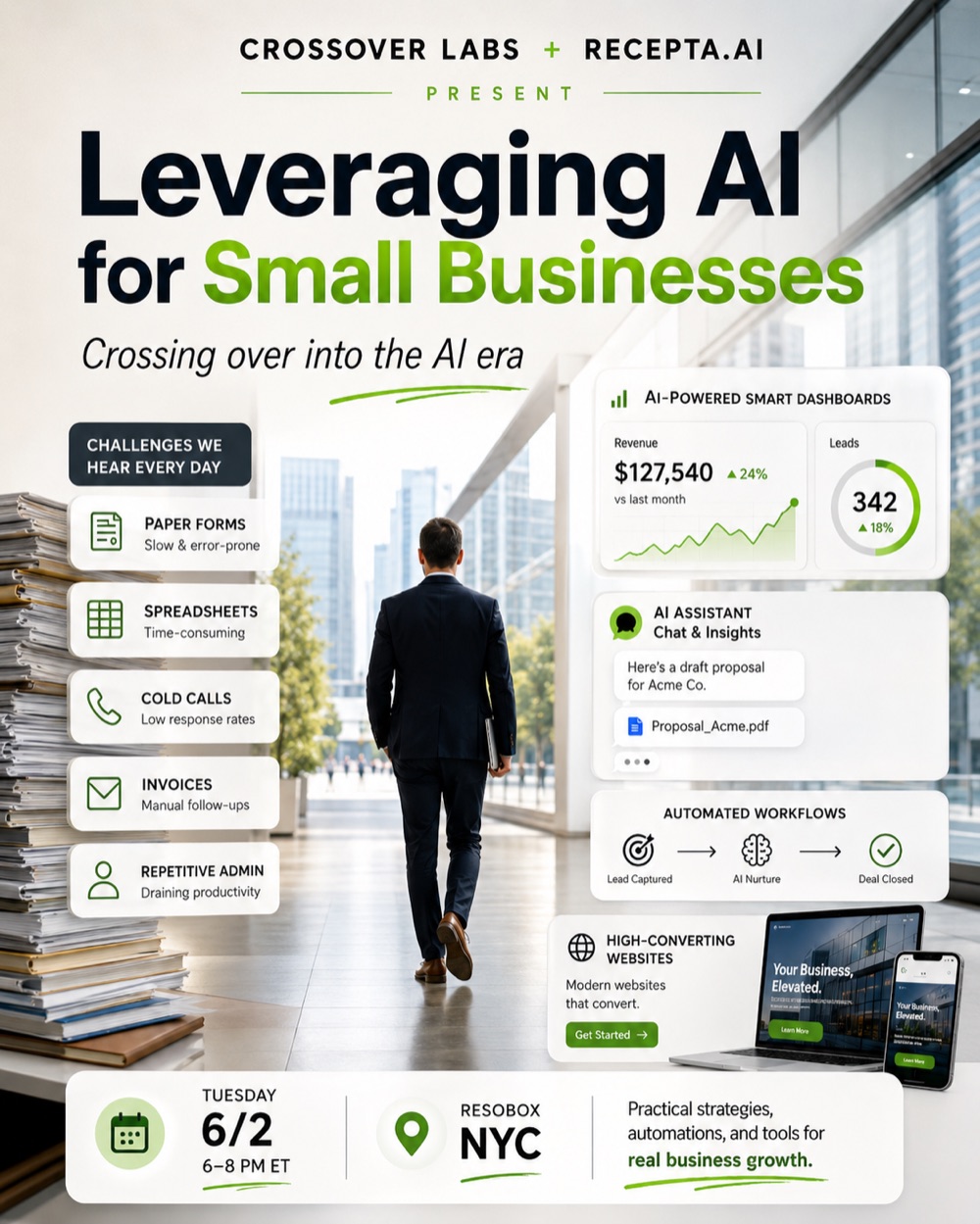 Leveraging AI for Small Businesses — a Crossover Labs and Recepta.ai event for NYC Tech Week, Tuesday June 2, 6–8 PM at RESOBOX, NYC.