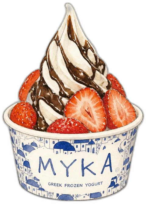MYKA frozen yogurt cup with chocolate sauce and strawberries, rendered by the builder